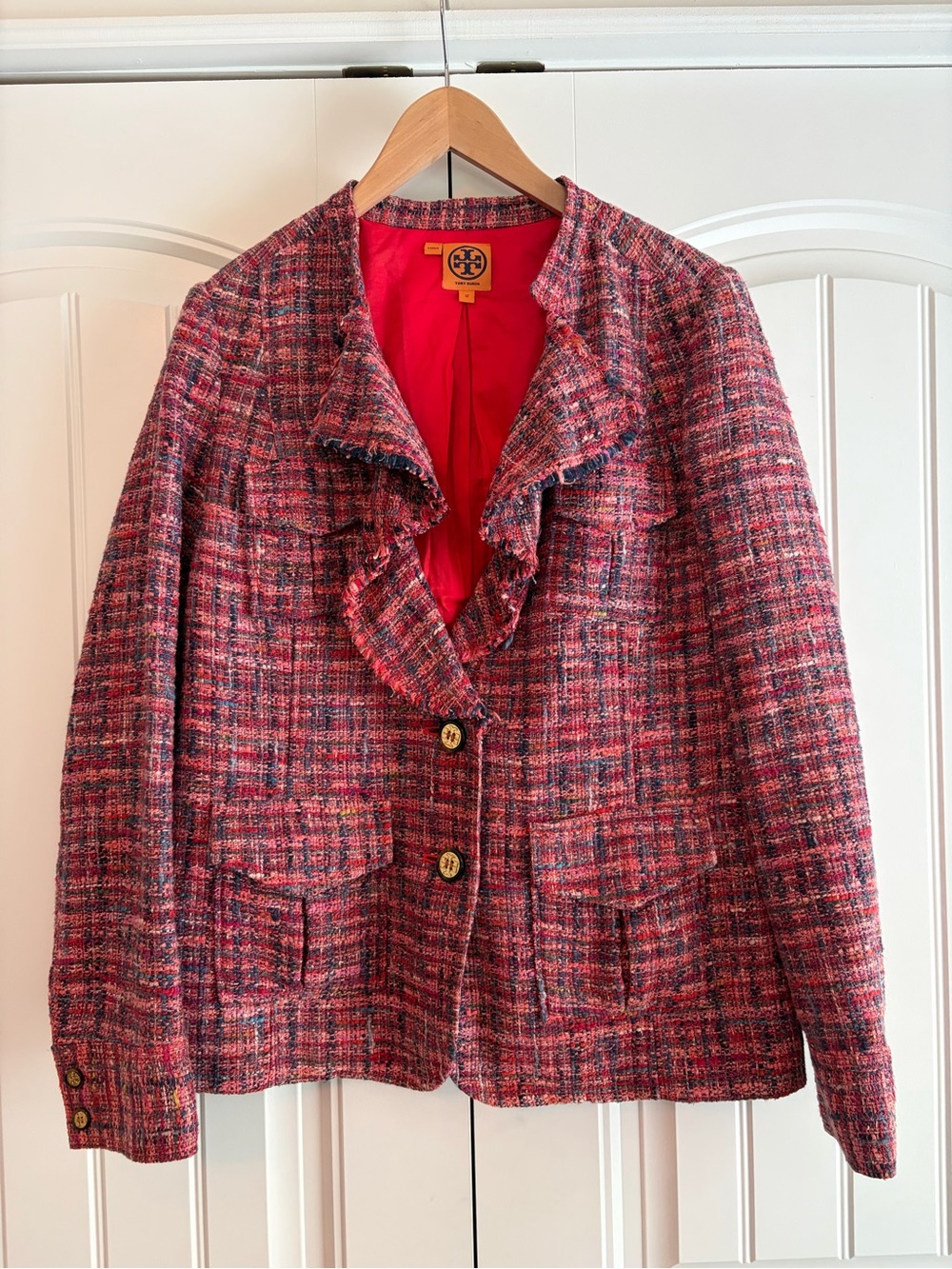 Tory Burch Pink Tweed Jacket Blazer Ruffled Fray Neckline Women's Size 12